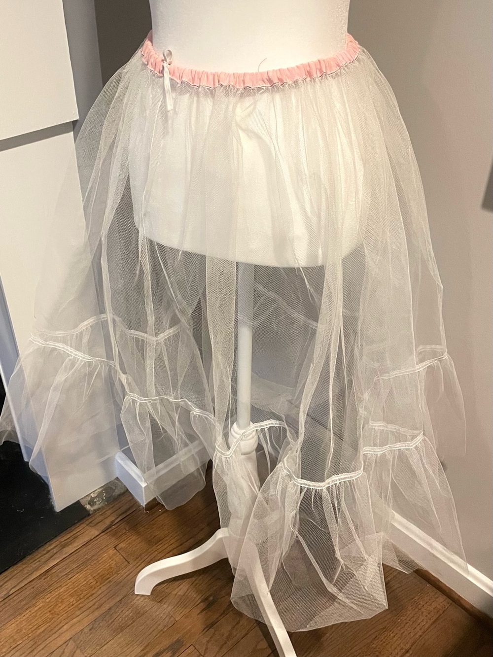 Sheer White Tulle Petticoat Skirt with Pink Waistband